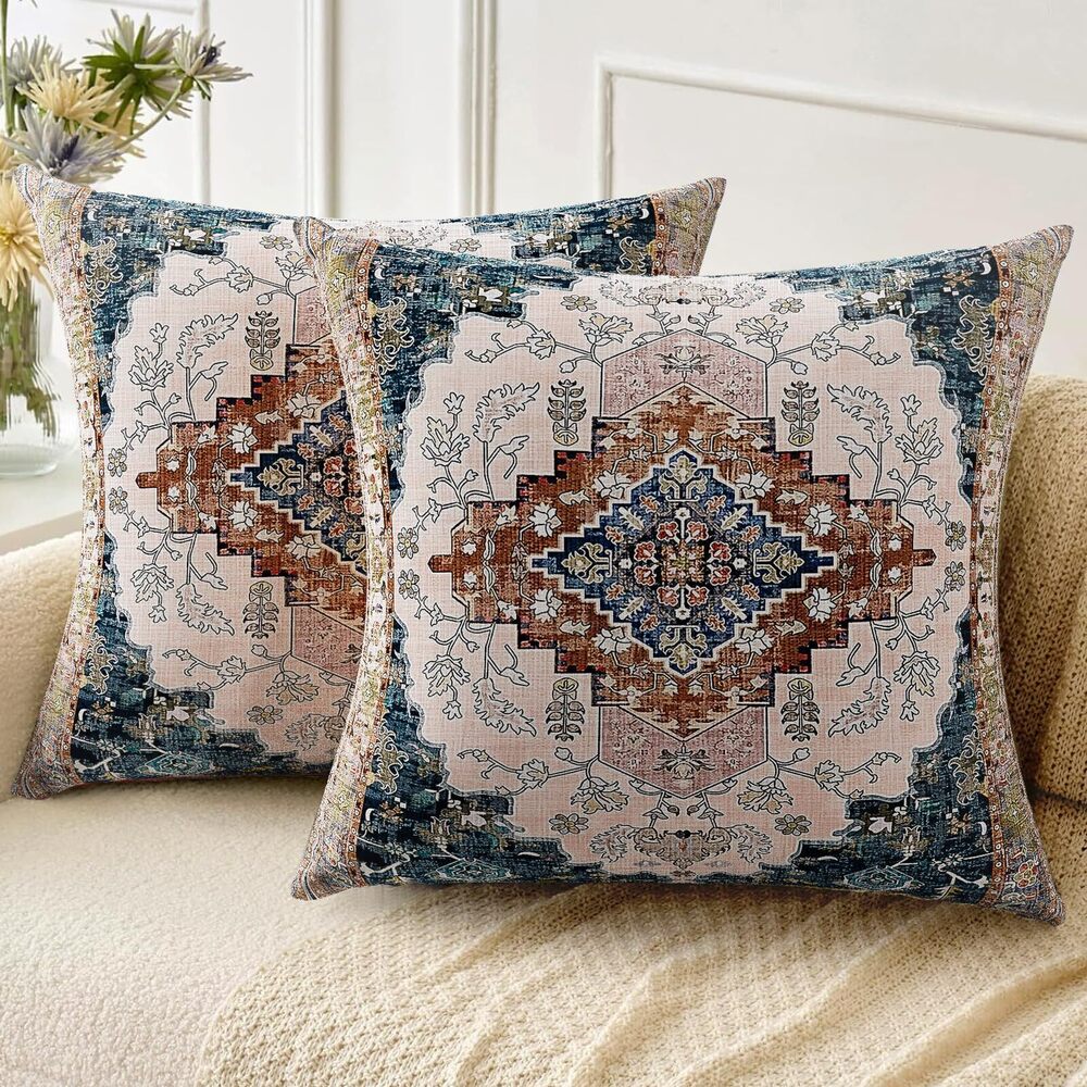 6308 Boho Throw Pillow Covers 24x24 inch Set of 2,Linen Bohemia Carpet